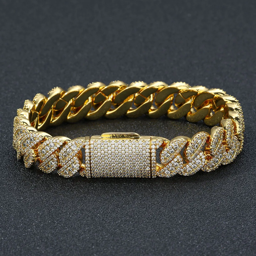 Luxury 24K 9999 Pure Gold real gold Hip Hop Wide 14mm Flip Buckle Full Diamond Cuban Chain Men's Bracelet