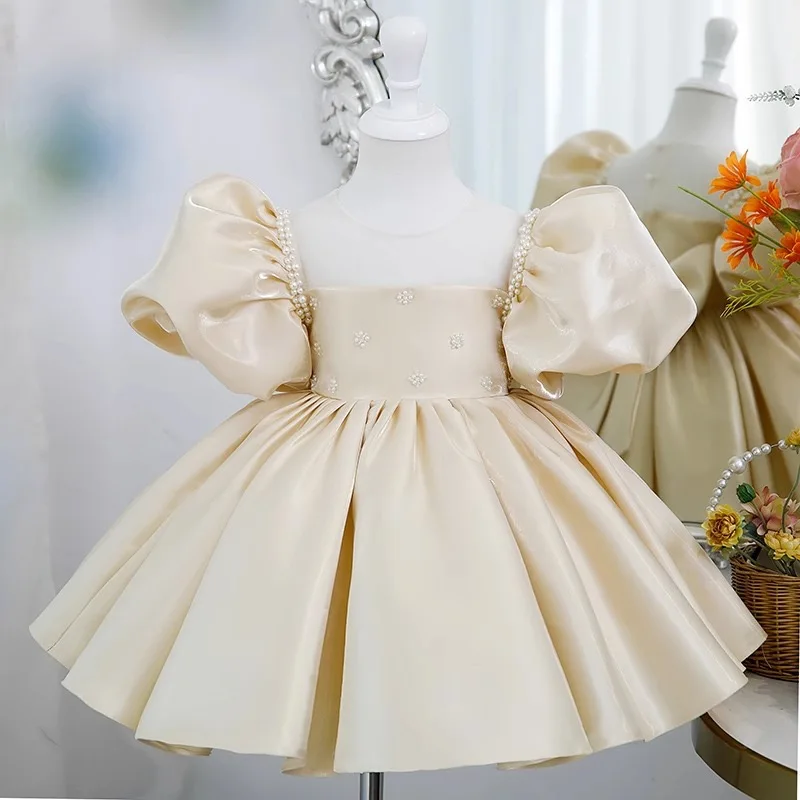 

Champagne Child Girl Wedding Dresses Beadings Christmas Party Ball Gown Puff Sleeve Puffy Formal Flower Girl Dress For Weddings