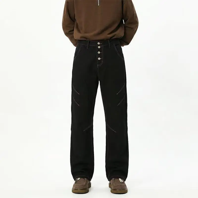 Men's Single Breasted Straight Jeans Casual Pants Wide Legs Street Sweatpants Cool Boys Bottom Male High Waist Black Trousers