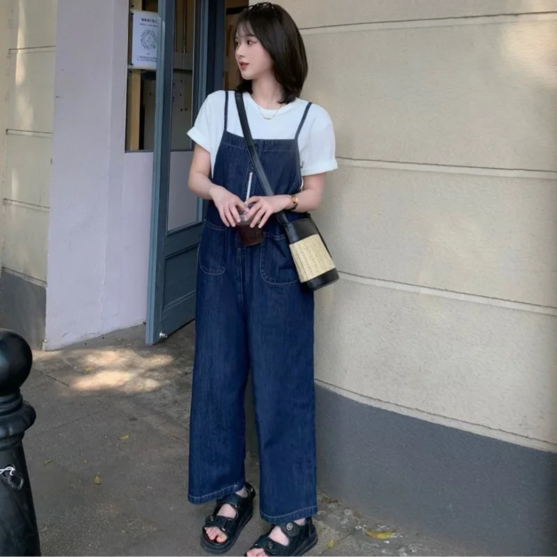 Vintage Salt Series Denim Overalls Women's Spring Autumn High Waist Wide Leg Jeans Pants Casual Style Short Sleeve Top