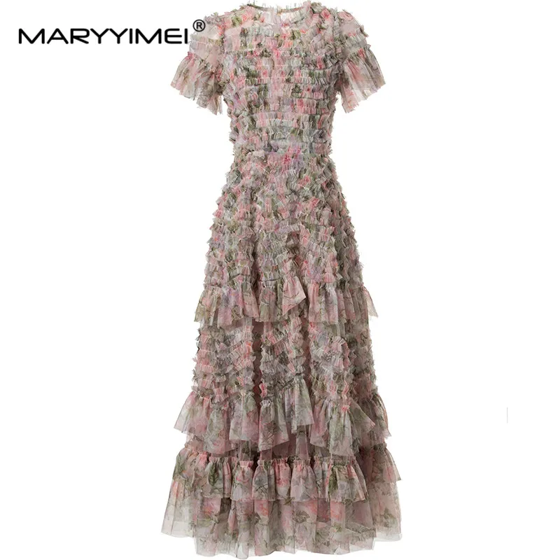 

MARYYIMEI Spring Summer Women's Flare Sleeved Mesh Splicing Mushroom Edge High Street Elegant Party Dresses