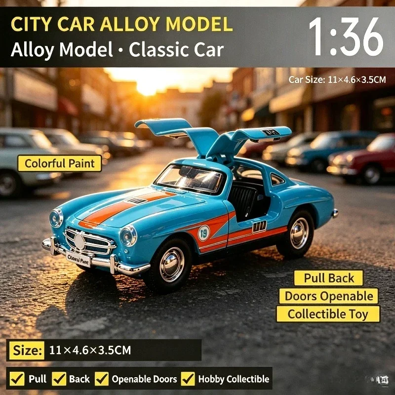 Car Model 1:36 Classic Vintage Coupe Replica, Diecast Pull-Back Metal Vehicle, Eye-catching Gull Wing Doors,Retro Body Contours