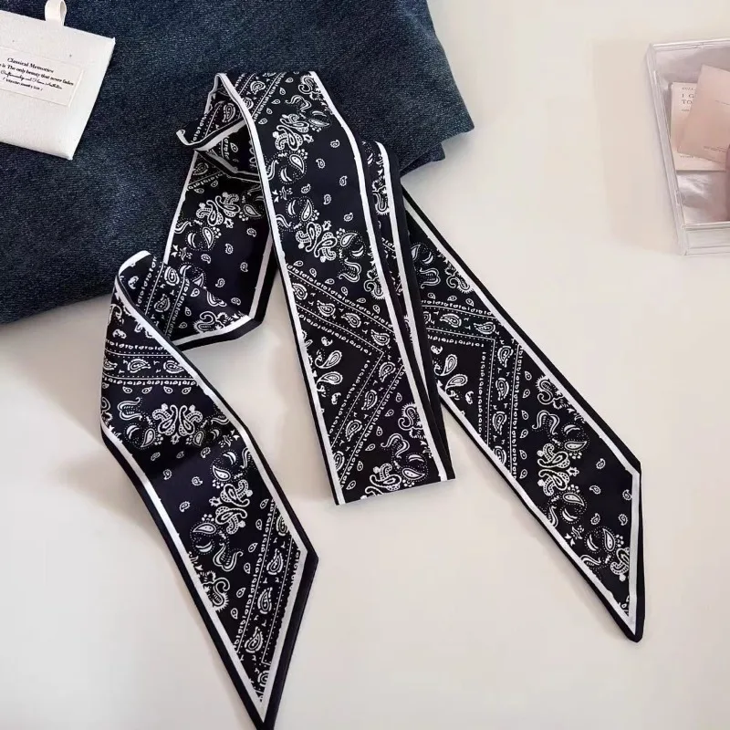 Black White Double Sided Paisley Long Scarf Shirt Neck Decor Hair Tie Bag Strap Multifunctional Waist Belt Scarf Accessories view 3
