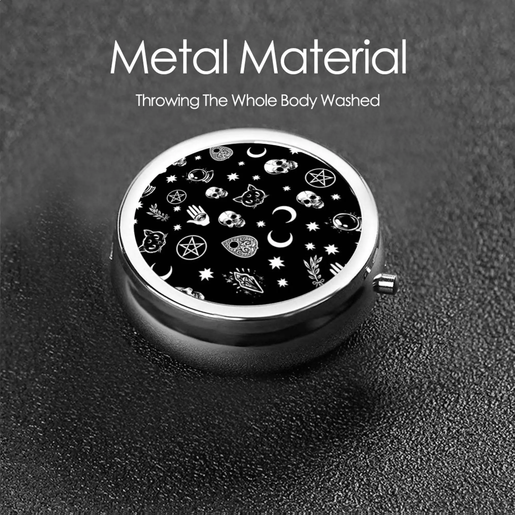 Gothic Skull Cat Moon Pattern Round Pill Box Medicine Tablet Holder Organizer Case Portable Metal Medicine Container for Purse