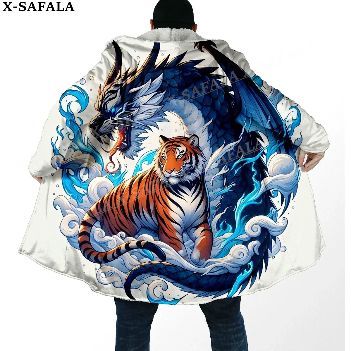 Chinese Myth Dragon And Tiger Spirit Arts Thick Warm Hooded Cloak Men Overcoat Coat Windproof Fleece Cape Robe Hooded Blanket-9