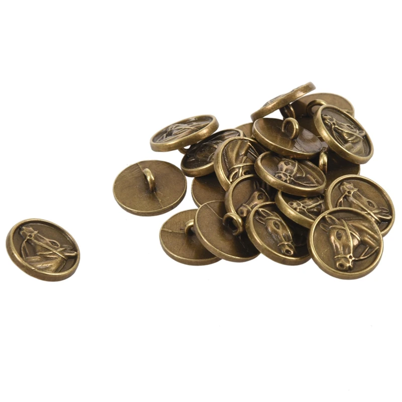 40Pcs Zinc Alloy Buttons Horse Head Carved Round Bronze Tone 15Mm( 5/8 Inch)Dia.