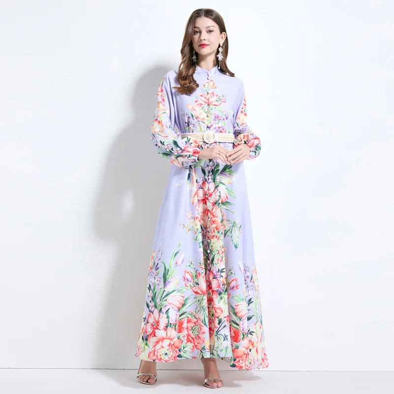 2025 Vacation Style Watercolor Floral Linen Print Lantern Sleeve Waist-Defining Full Skirt Ruffled Dress A001