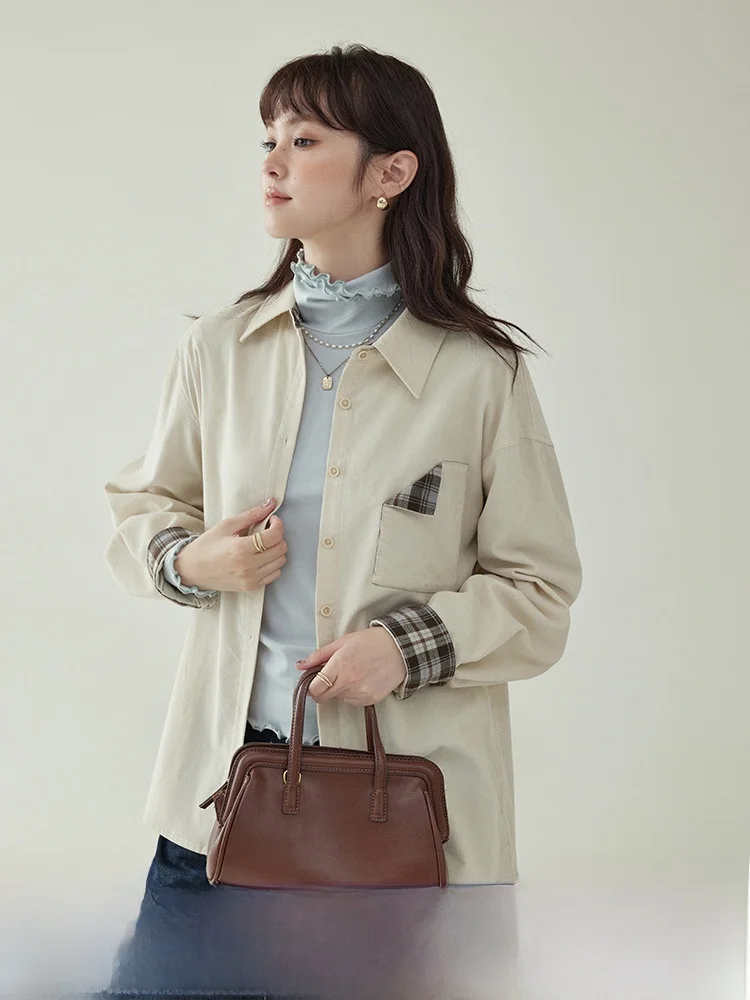 

AMUU оригинальный цветной вельветовый длинный све irt в клетку, женский осенний новый топ с отложным воротником, корейский свободный крой