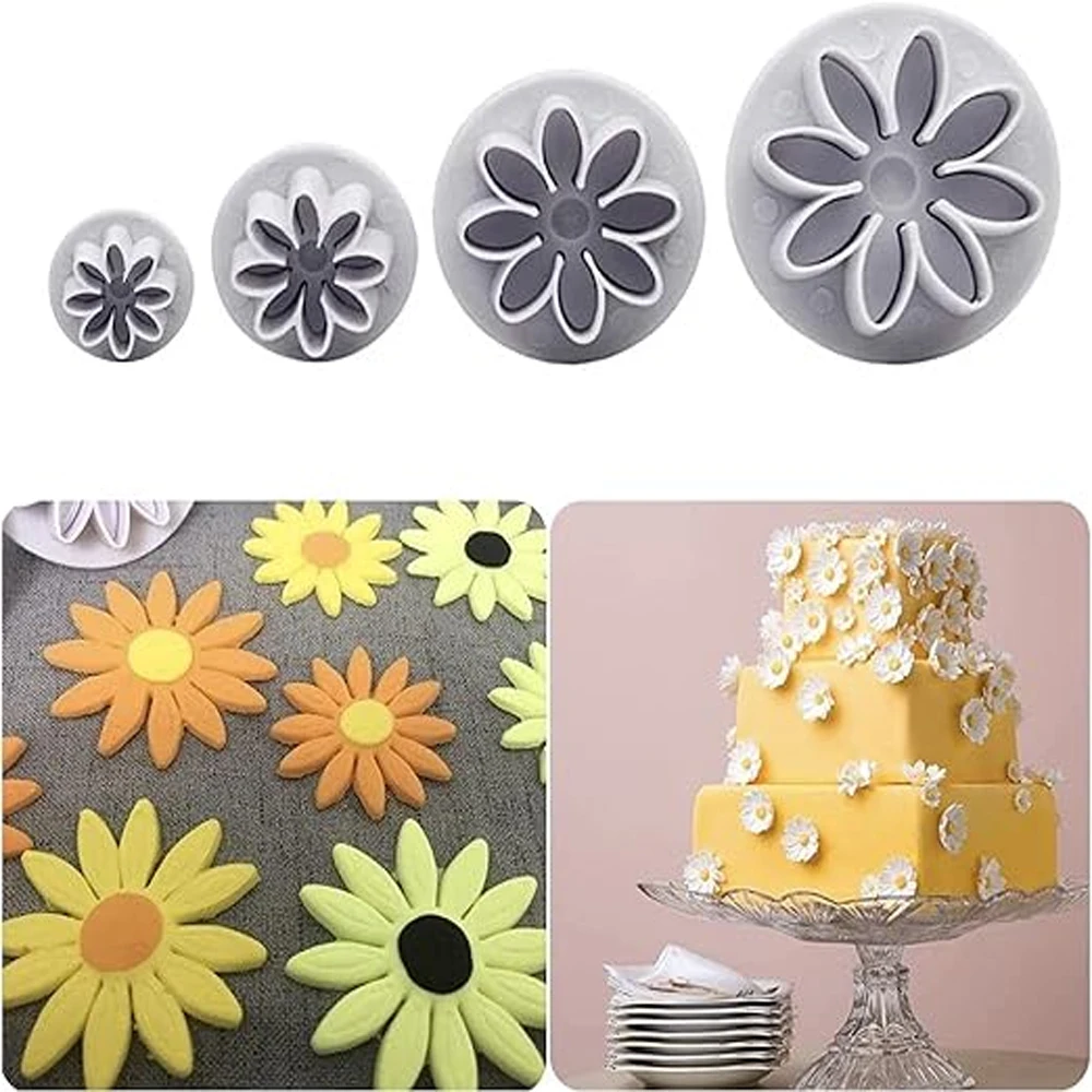 3-4pcs Daisy Flower Cake Cookie Mould Tool Flower Sunflower Plunger Biscuit Cutter Fondant Kitchen Baking Decorating Tools