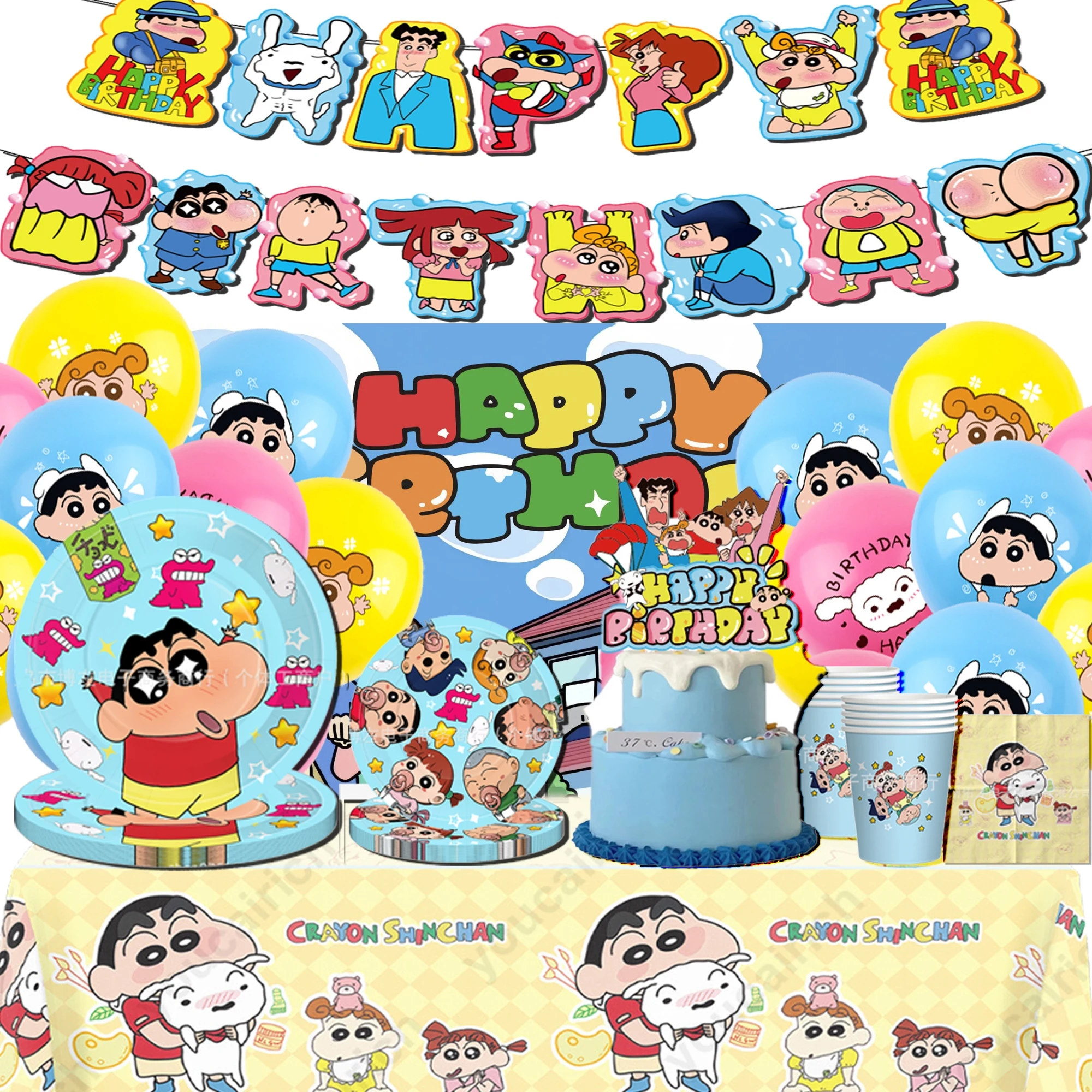 Crayón Shin-chan para fiesta de cumpleaños, plato de papel desechable, adorno para pastel, bandera colgante, crayón, globo Shin-chan, decoraciones de cumpleaños