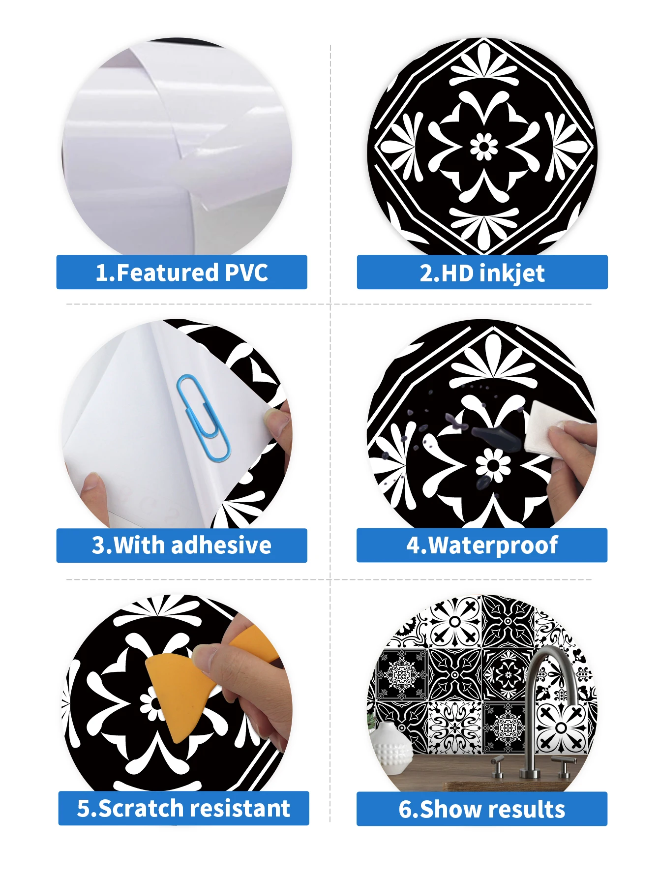 30pcs Self-Adhesive Waterproof Wall Stickers Black And White Patterns Home Decoration Wallpaper Tile Stickers Kitchen Bathroom