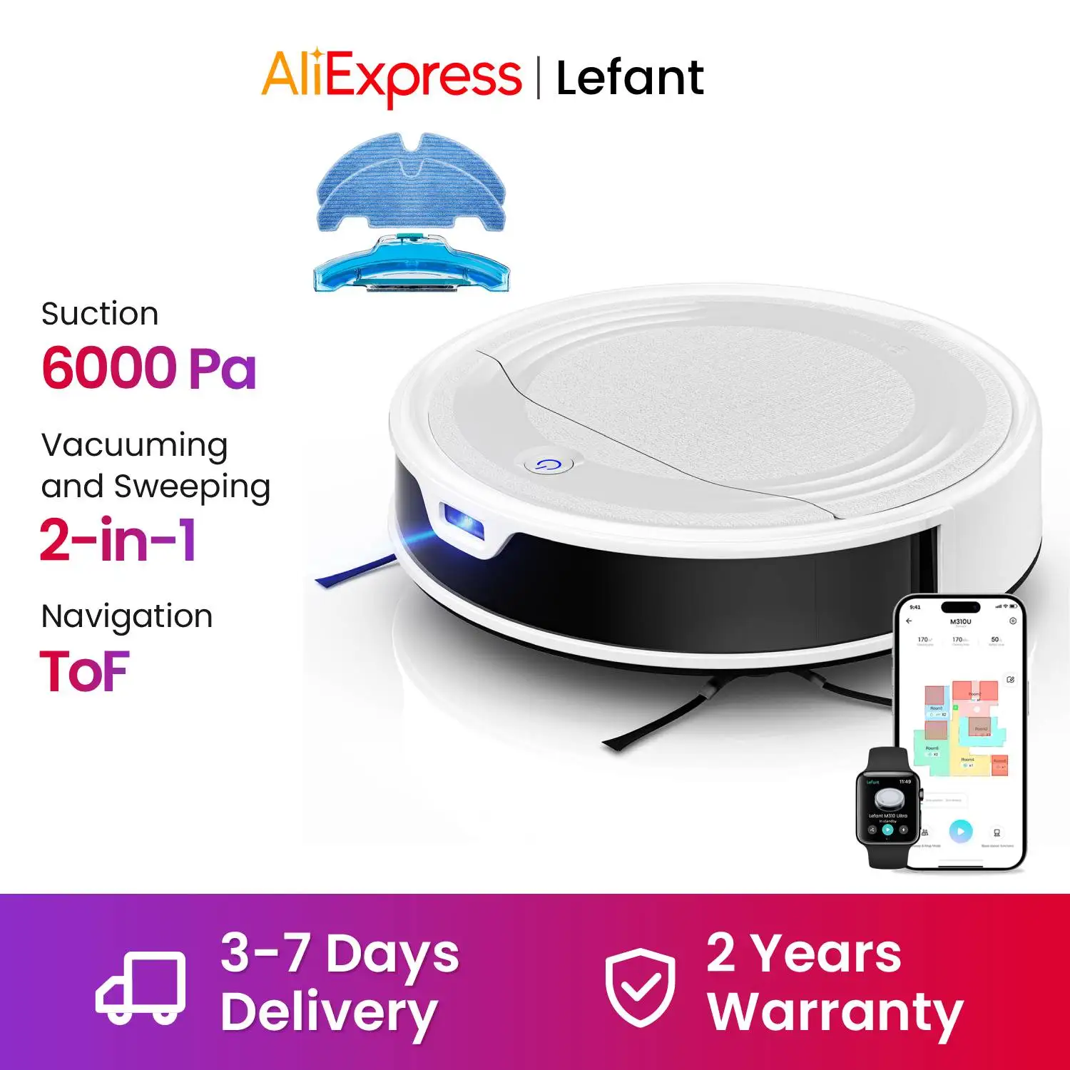 Aspirateur robot Lefant M310 Ultra avec cartographie, 6000Pa, navigation ToF PSD 190 ° 170 minutes d'autonomie, contrôle par application/WiFi, idéal pour les poils d'animaux et les sols durs