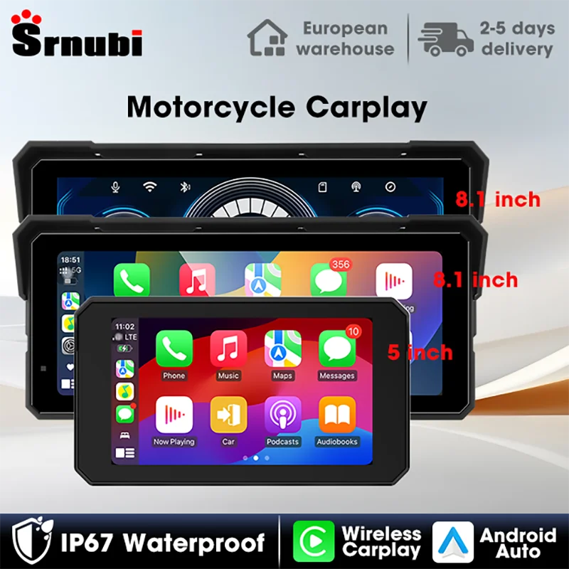 Écran tactile Srnubi pour moto de 5/8,1 pouces avec navigation GPS et lecteur de musique, conception étanche à la poussière IP67, double Bluetooth intégré et système TPMS, compatible avec Android Auto et CarPlay pour les voyages en moto