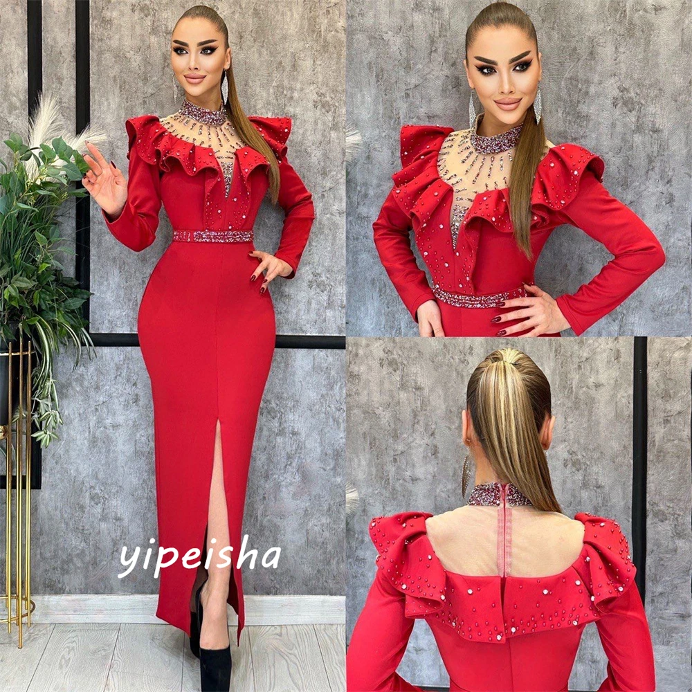 Customized Intricate Sparkle High Collar Sheath Beading Paillette / Sequins Tulle Charmeuse Evening Dresses