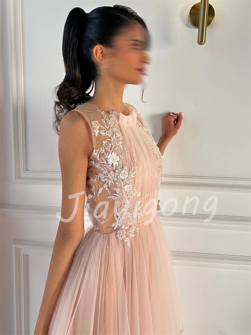 Customized Matching Net Pleat Pattern Sequined A-line Scoop Neck Long Bespoke Occasion Party Dresses
