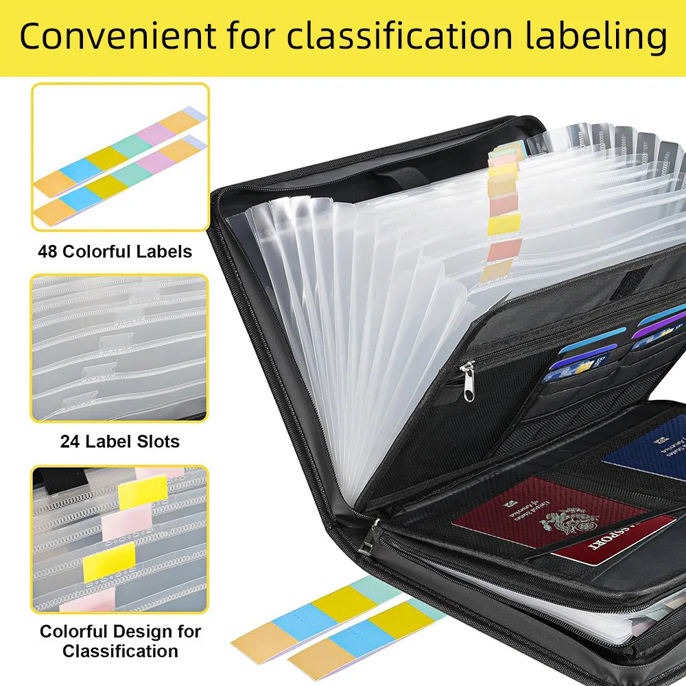 A4 Expanding File Folder with 13 Pockets Zipper Closure Transparent Document Organizer Label Slots Card Holders Water Resistant