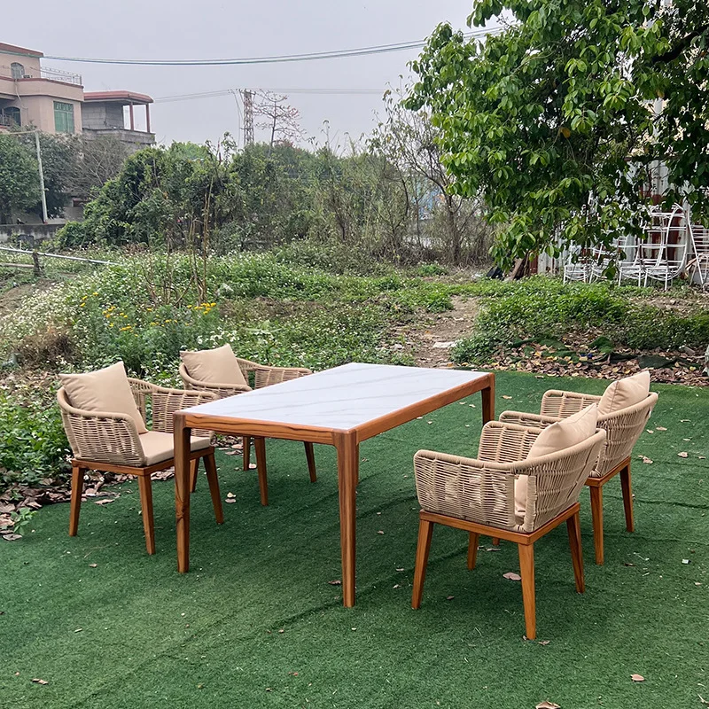 

Outdoor teak rock slab dining table combination villa garden furniture B & B outdoor courtyard solid wood leisure wind rattan