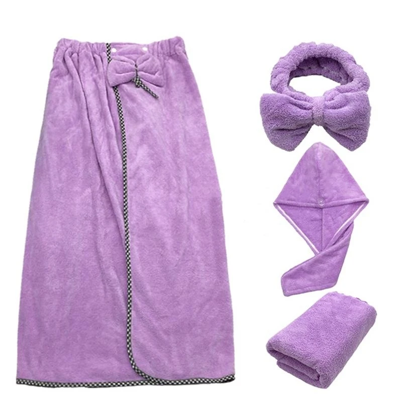 4Pcs/Set Women Wearable Bath Wrap with Towel Headband Hair Dry Cap Sweet Bow Microfiber Coral Bathrobe Blanket