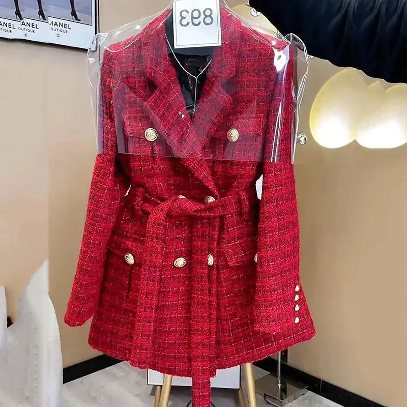 Chaqueta de Tweed para mujer, Chaqueta de traje roja de sentido superior, Blazer informal de oficina, ropa profesional para mujer, primavera y