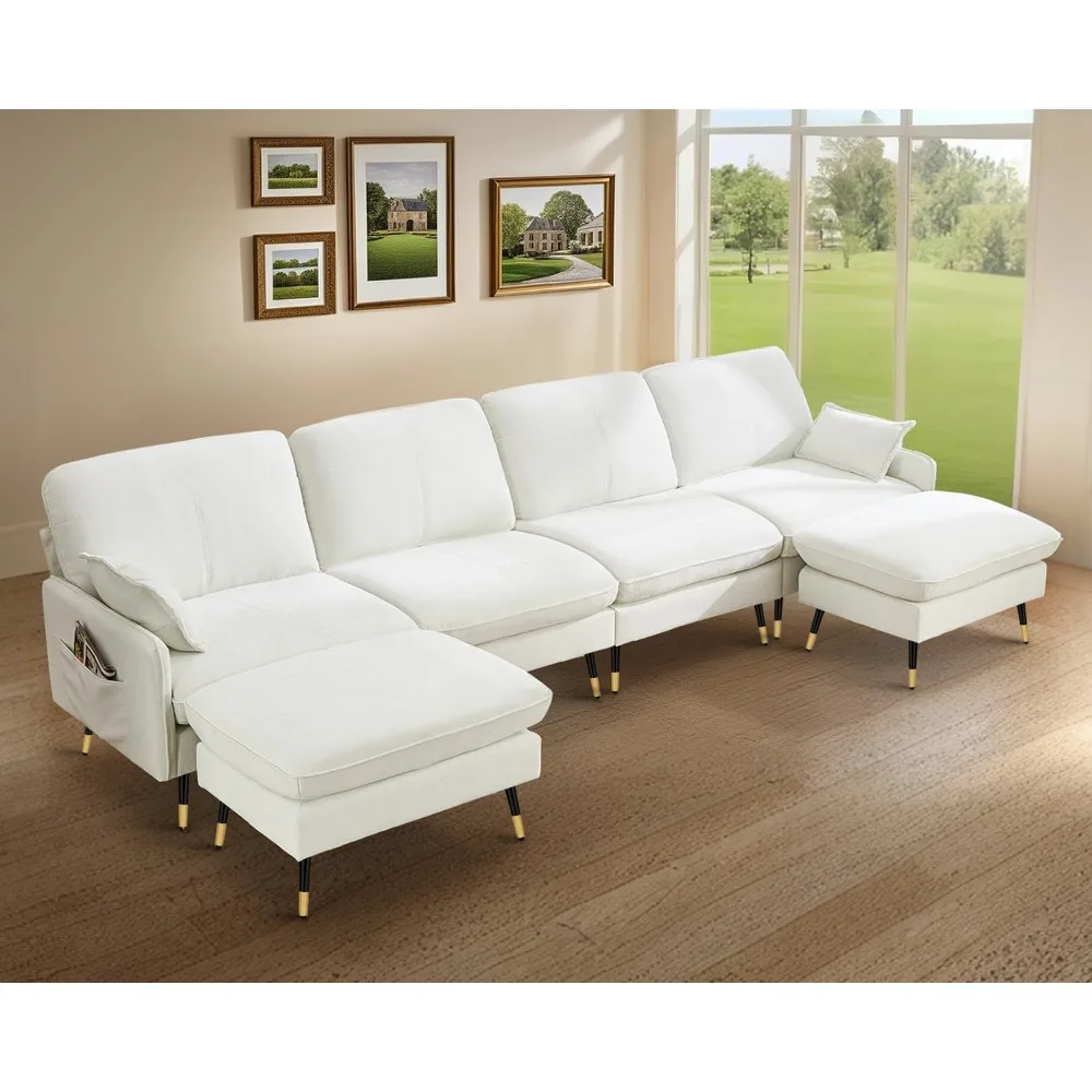 

Modern Sectional Sofa Couches with Deep Seat, 142.6" Chenille Upholstered Sofa with 4 Pillows, 4 Seater Sofa with Chaise