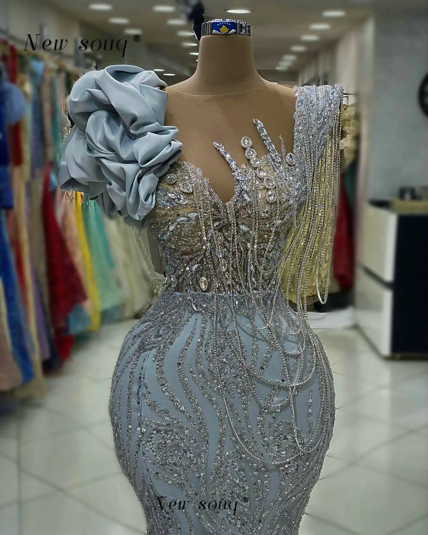 Long Silver Glitter Crystals Chains Mermaid Evening Dresses with Slit Sparkle Sequins Elegant Wedding Party Gowns Arabic Vestido