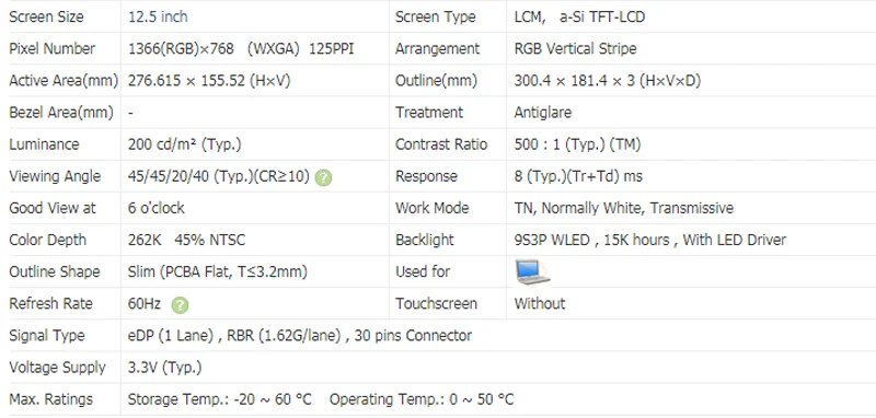 Imagem -04 - For For para B125xtn02.0 B125xtn02 Edp hd 30 Pinos Led Tela Lcd Matriz do Painel 1366x768 12.5