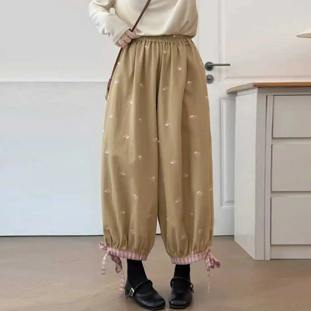 

Women Mori Kei Clothing Cute Cartoon Flower Embroidery Cotton Harem Pants Spring Autumn Elastic Waist Casual Loose Trousers