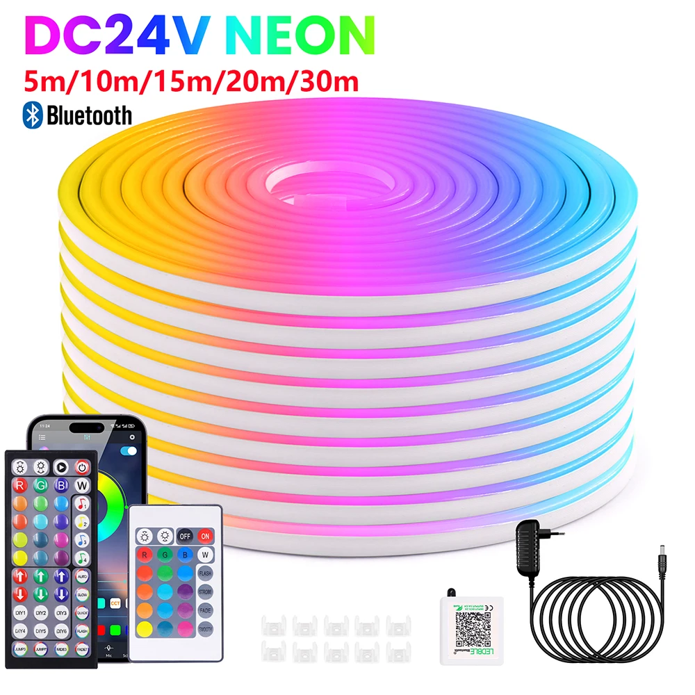 Tira de luces LED de neón de 24V RGB, 5m, 10m, 20m, 30m, aplicación Bluetooth, 24 teclas, 44 teclas, Control remoto, sincronización de música, Kit de energía, 60LED, decoración impermeable