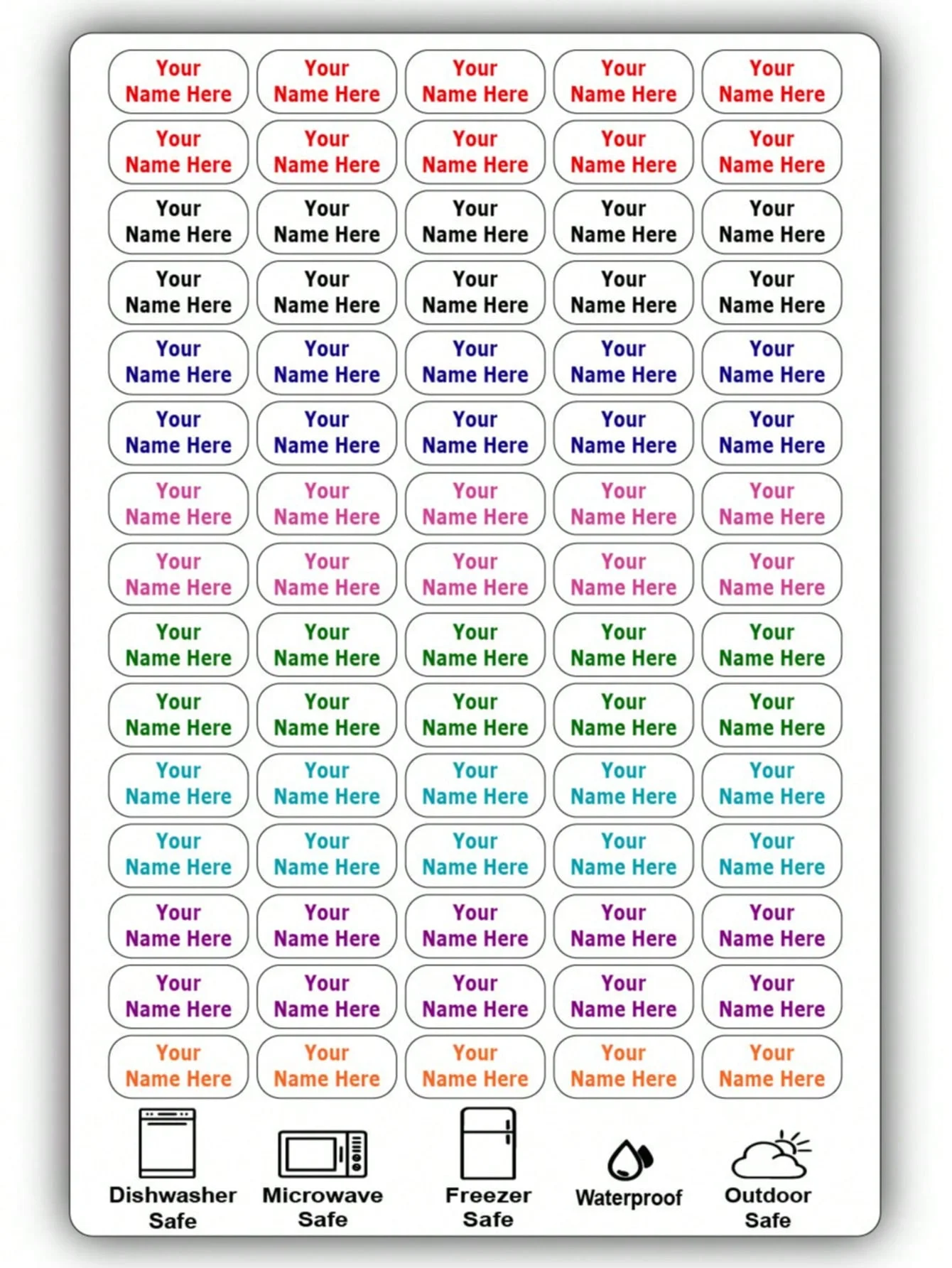 75 personalized waterproof name tags. Press and stick for versatile, customizable name tags. Customizable with two lines of text