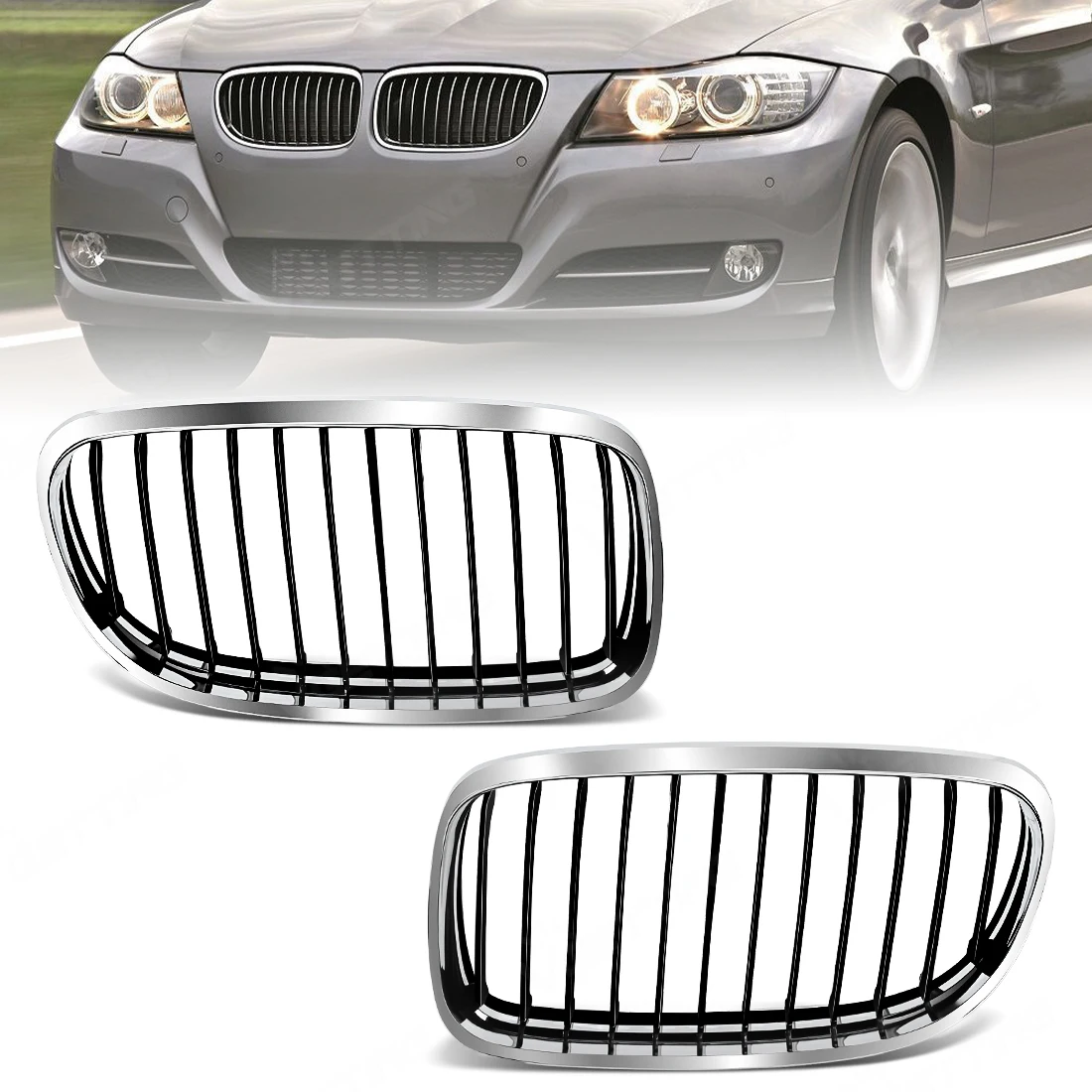 

2pcs Front Bumper Kidney Grill For BMW 3-Series E90 E91 Sedan 2008 2009 2010 2011 LCI Replacement Cover Sliver Racing Grill