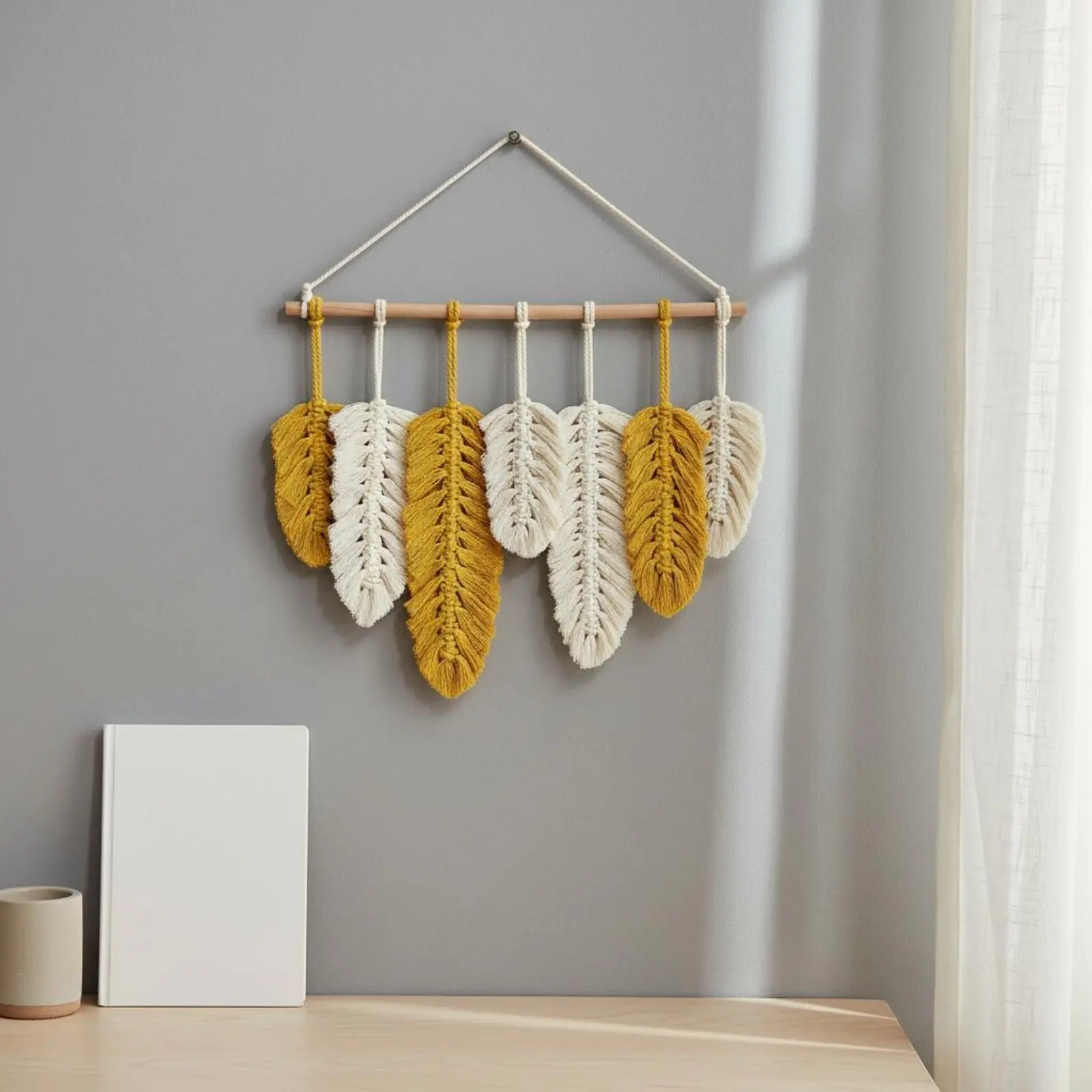 Macrame Feather Wall Hanging Handmade Foliage Wall Hanging Foliage Tassel Tapestry Natural Cotton Home Decor Soft Textile - view 3