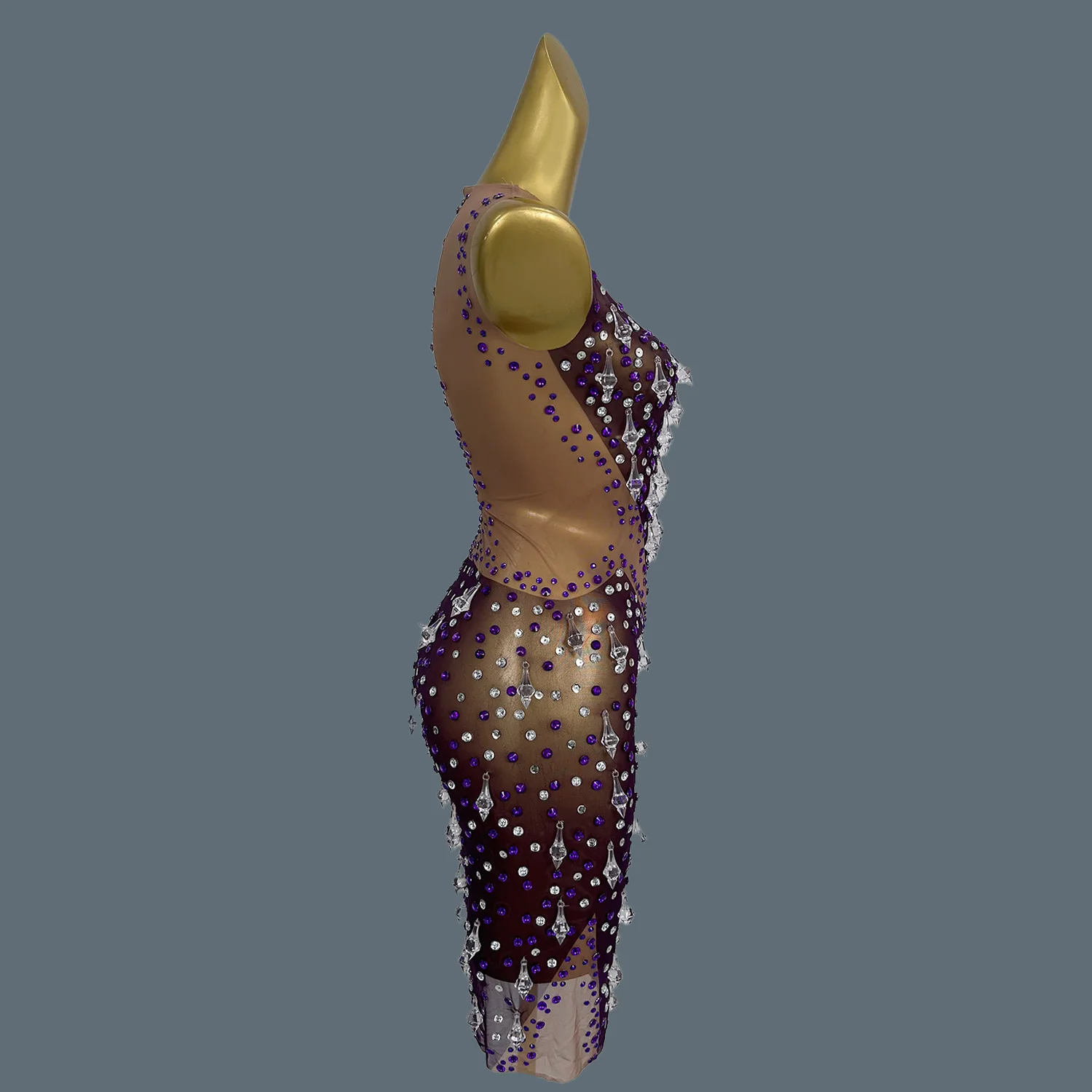 Roxo chique vestido brilho strass cristais pura malha quente mini vestido celebrar festa usar vestido bainha ver através do vestido shizhu