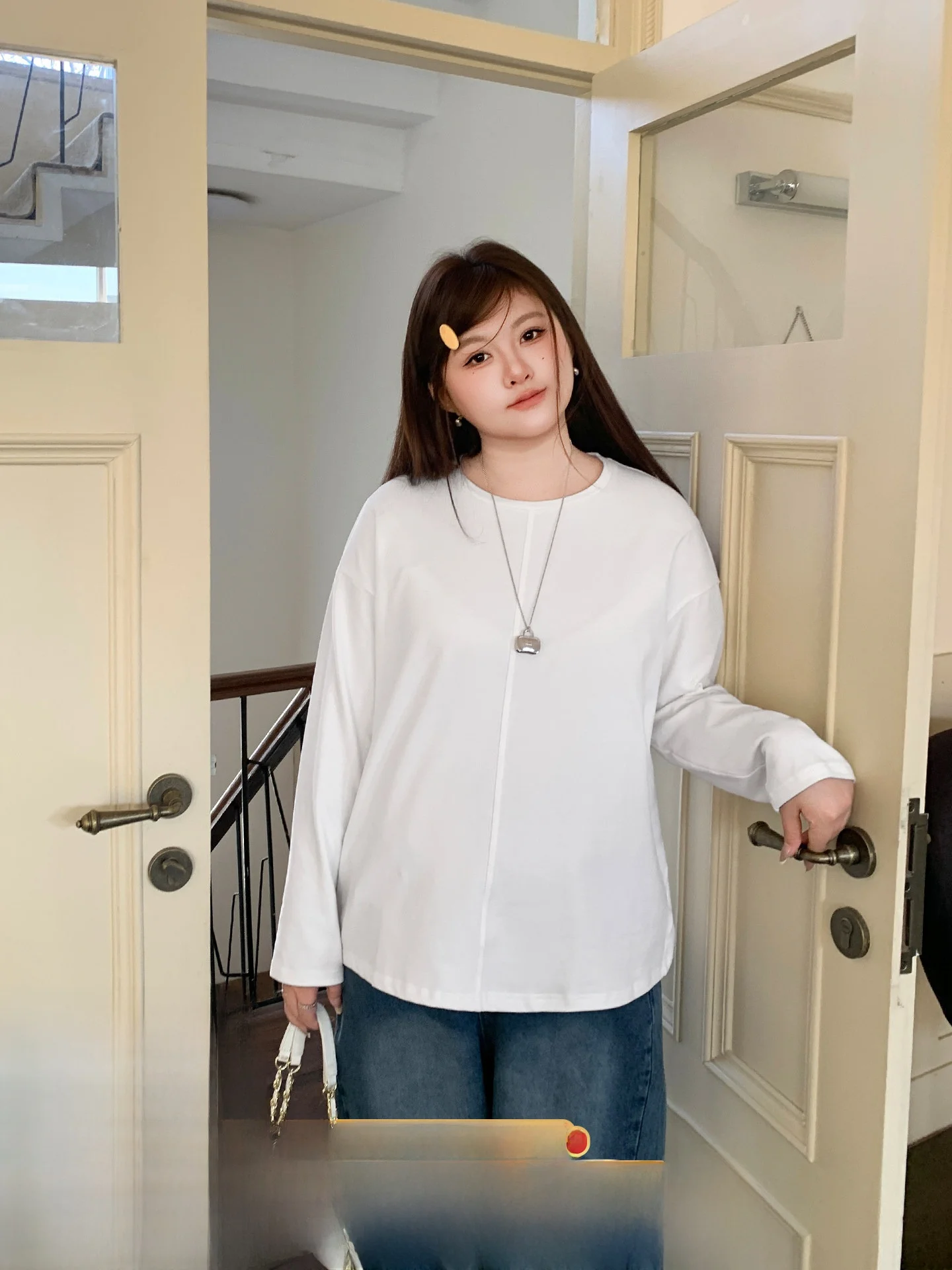 

YUZI White Double-Sided Long Sve T-irt Loose Versatile Slimming Top mat Sle plus Size Women's Casual Wear