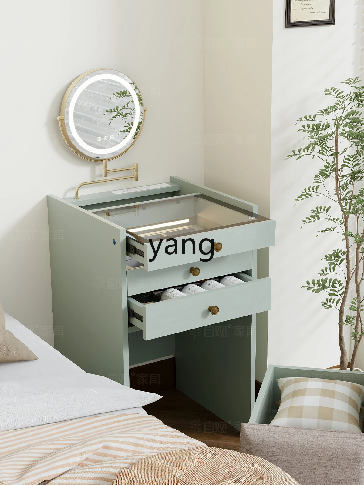 LMGreen Chest of Drawers Dressing Table Integrated Glass Table Jewelry Cabinet Luminous Mirror Makeup Table