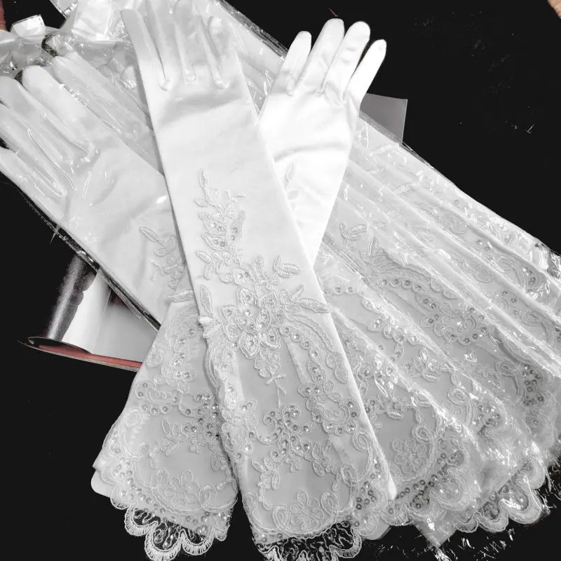 Women Satin Lace Gloves Flower Embroidery Hollow Banquet Wedding Bride Gloves Opera Elegant Evening Dress Accessories