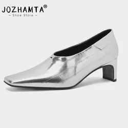 JOZHAMTA Size 34-39 Women Vintage Pumps Genuine Leather Block High Heels Shoes Ins 2025 Spring Fashion Slip On Office Dressy