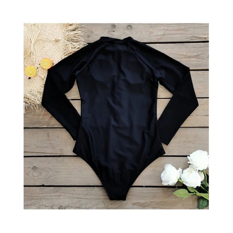 Summer Swimsuit Women Long Sleeved Surfwear One-piece ElasticityCover Belly Slimming Sexy Bikini SolidBlack Diving Suit Swimwear