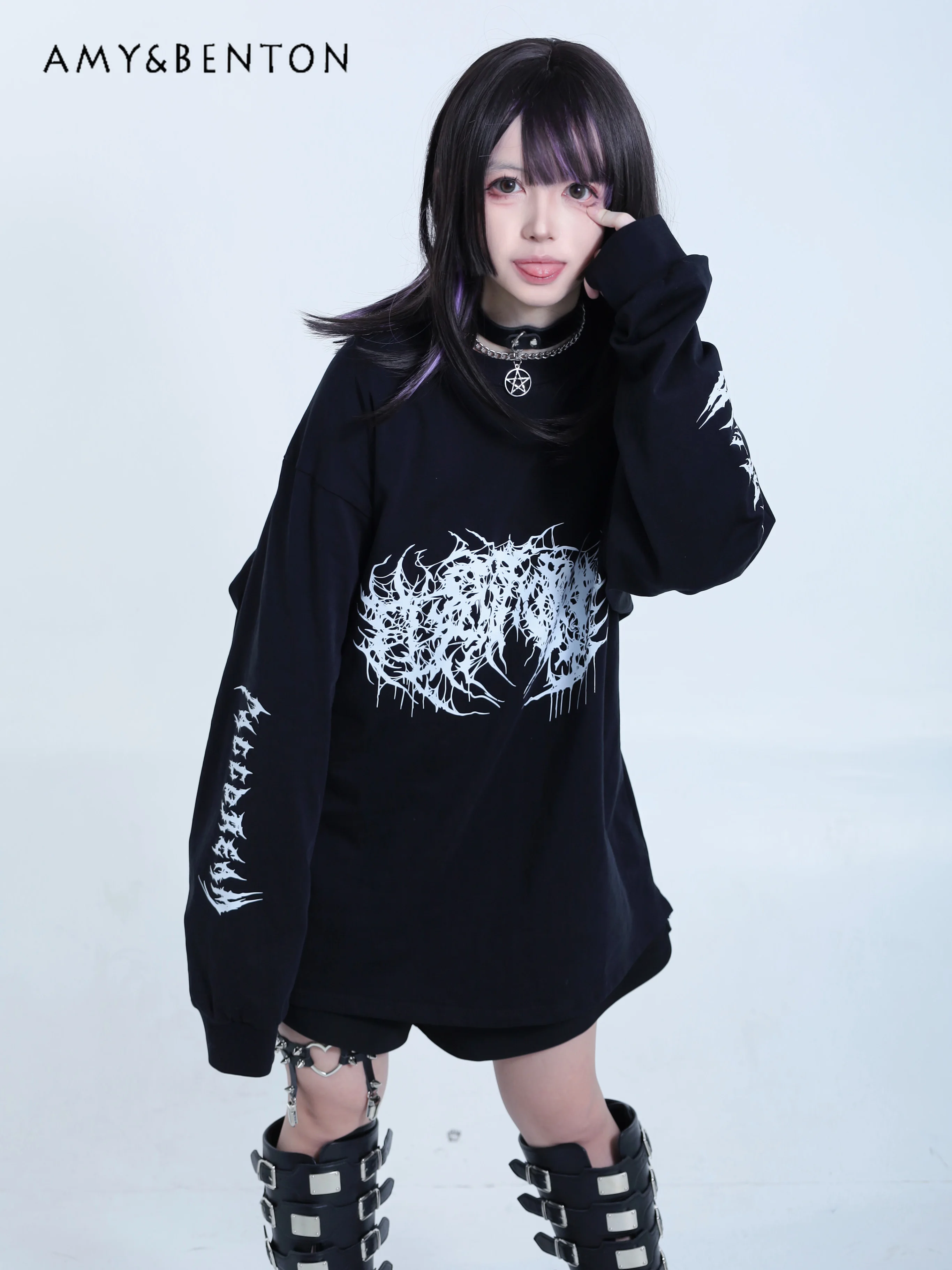 Harajuku Street Printing Round Neck Long Sleeve Tops Autumn New Subculture Punk Oversized T Shirt Mine Gothic Graphic T Shirts