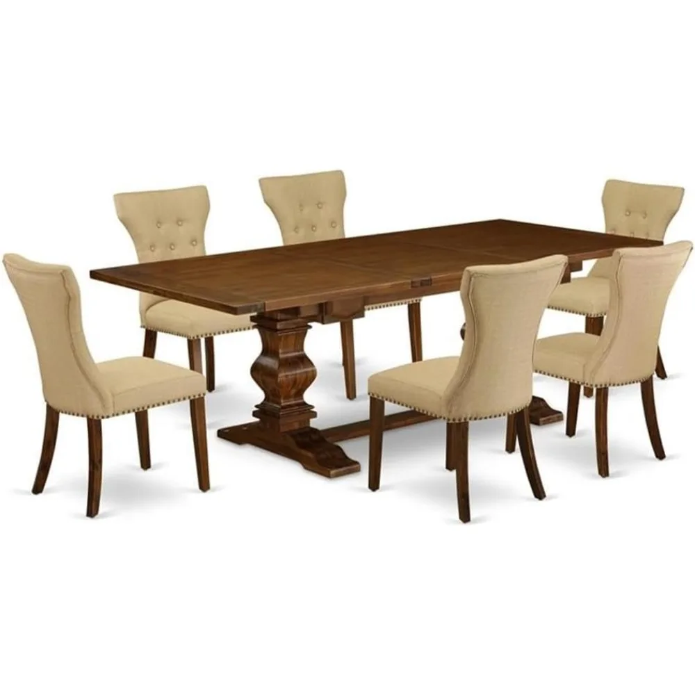 7-Piece Dining Room Table Set Consist of a Rectangle Wooden Table with Removable Leaf & 6 Brown Linen Fabric Upholstered Chairs