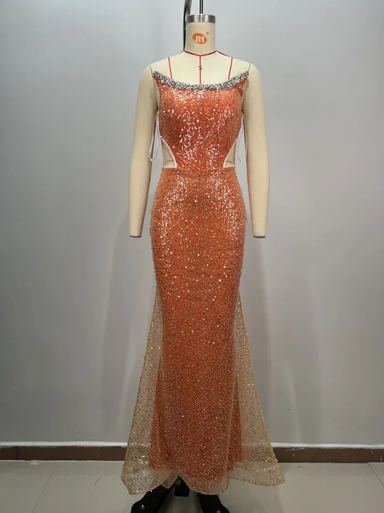 Women Luxury Prom Gowns Orange Strapless Beaded Sequines Cut Out Double Layer Sparky Birthday Celebrity Evening Party Gowns