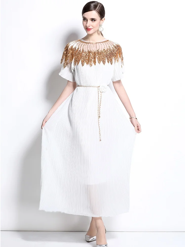 

2025 New Fashion High-End Socialite Luxury Beaded Long Dress Women's Elegant O-Neck Short Sleeves Pleated Loose Runway Dresses