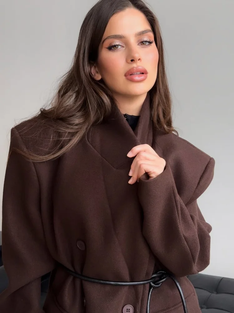 

Brown Women Lapel Wool Overcoat Fashion Solid long Sleeve Single-breasted Fake Pocket Coat 2025 Autumn High Street Loose Outfit