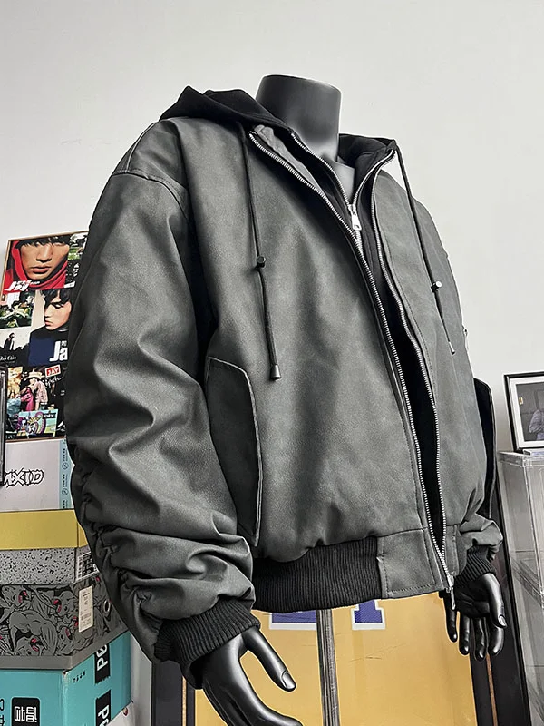 

Retro American Sle Men's ort Biker Jaet with Hood Pilot Workwear Leather irt Casual Outerwear Polyester Fiber Warm