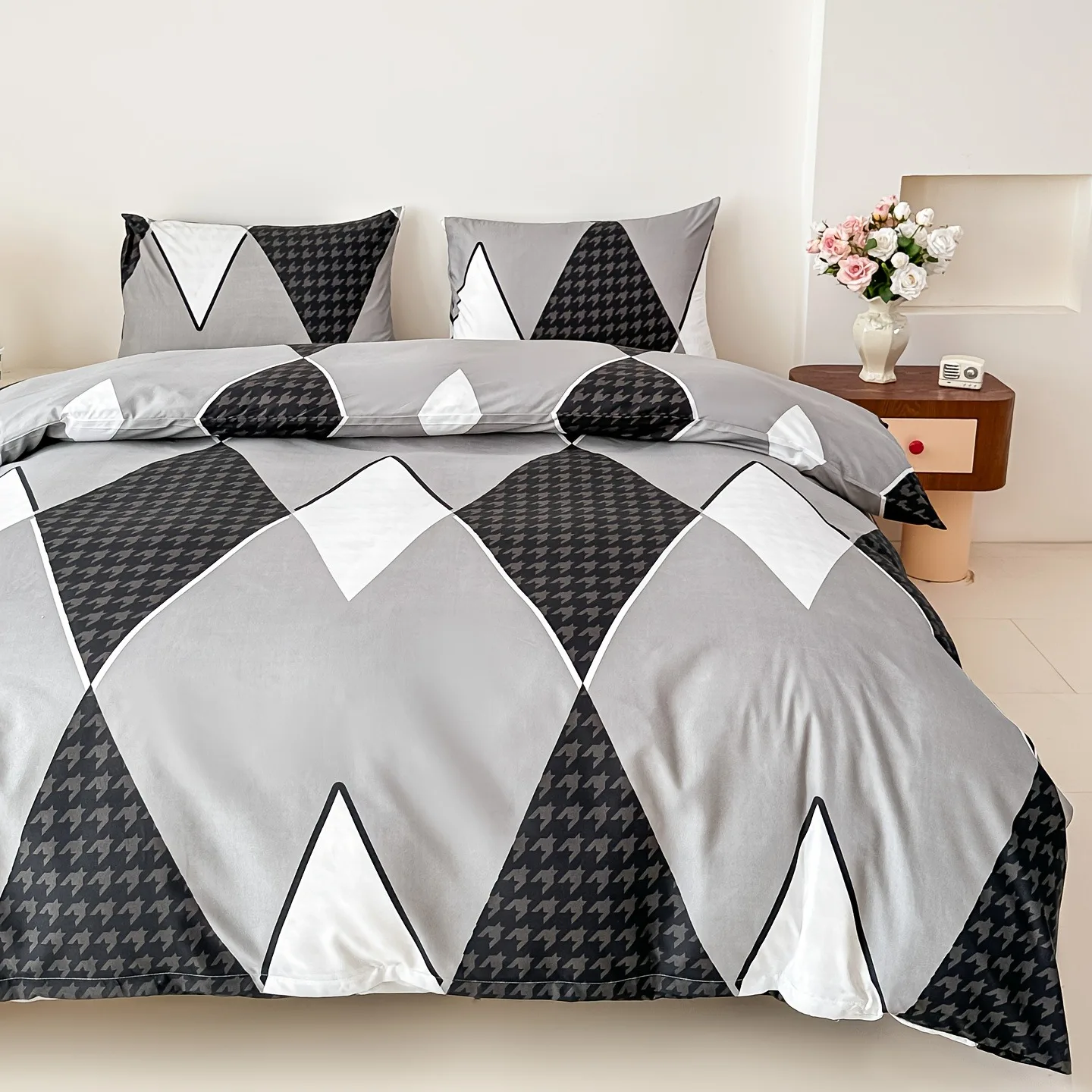 Black Grey Geometric Houndstooth Patchwork Duvet Cover Set Soft Microfiber Bed Linen Twin Queen King Size Bedding Pillow Covers