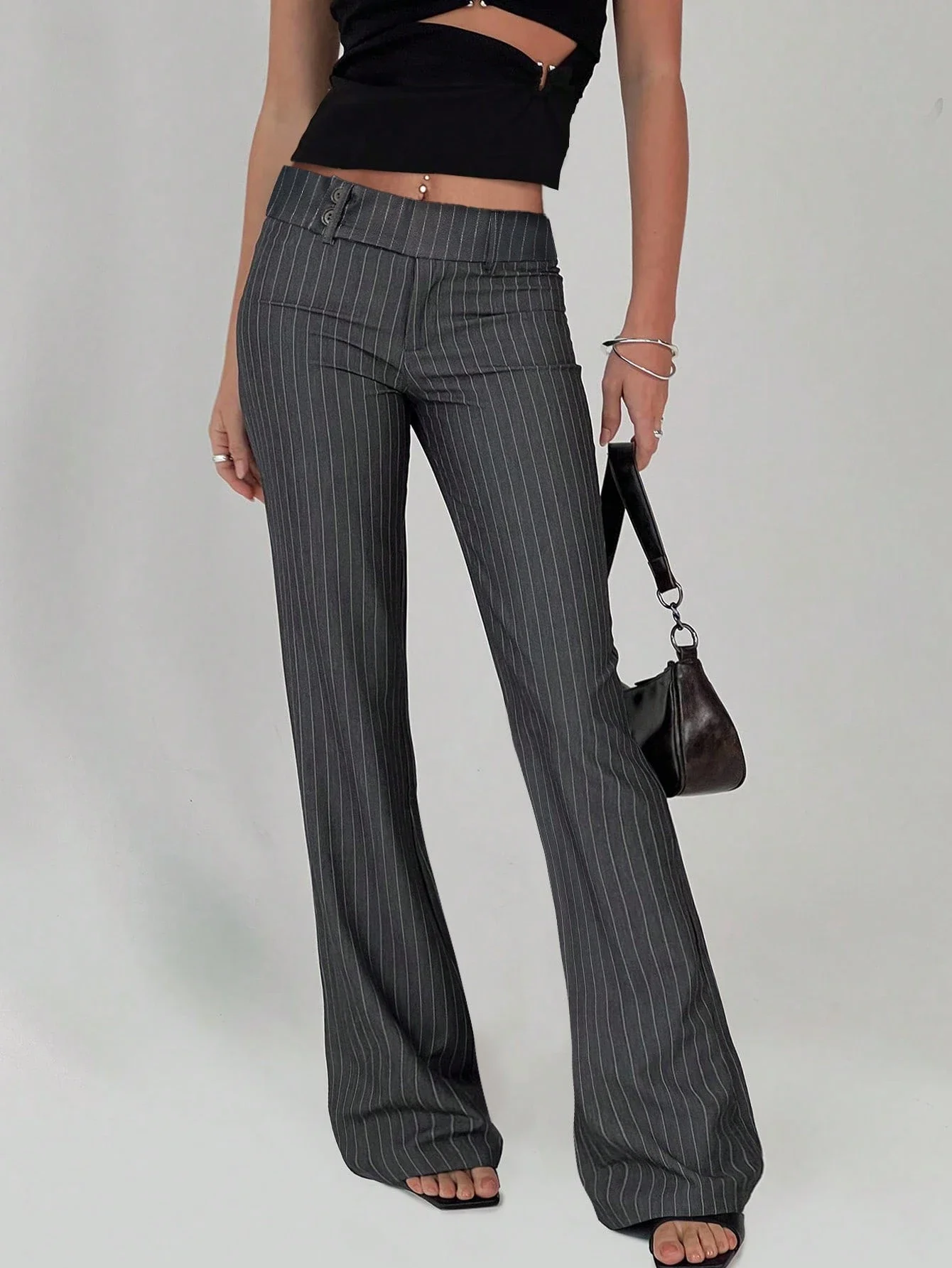 

Women Pinstripe Flare Pants High Waist Button Closure Elastic Waist Casual Office Wear