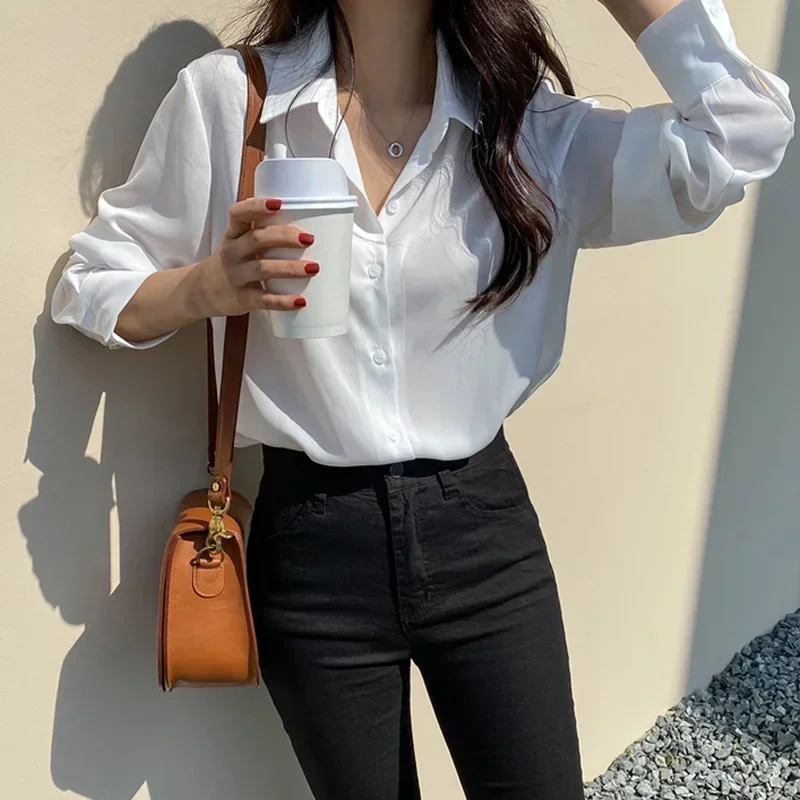 New Spring Fashion Women Tops Blouse White Blouse Bottom Shirt Black Korean Chiffon Shirt Office Lady Clothes All-match 11397