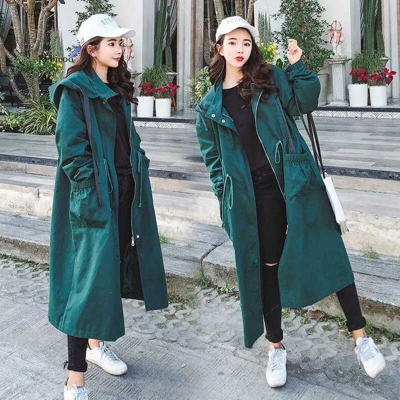 Blusão feminino médio longo coreano 2021 primavera outono nova com capuz casual trench coat para mulher solto sobre o joelho