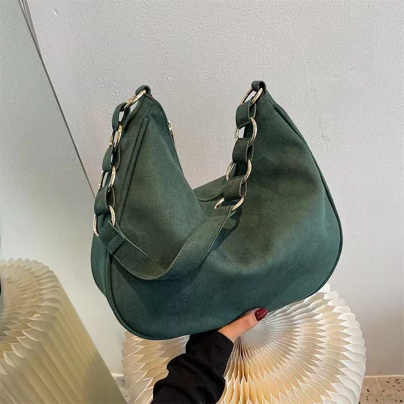 Women Autumn Winter Suede Crescent Single Shoulder Bags Travel Commute Retro Underarm Handbag Large Capacity Bucket Bolsos Bag