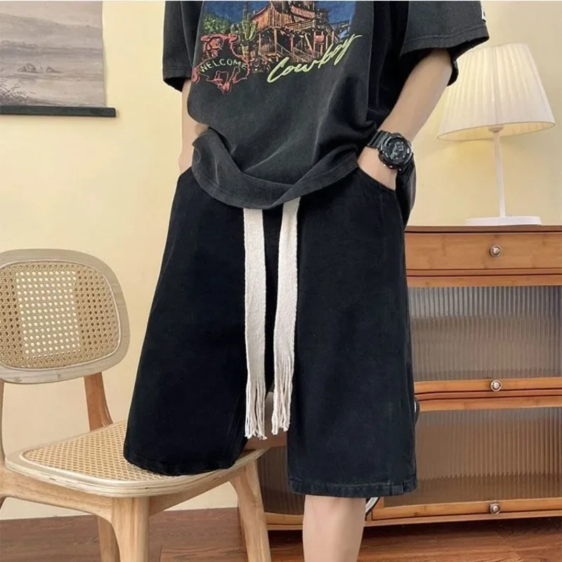 

Short Jeans Pants for Men Long Baggy Bermuda Man Denim Shorts Drawstring Loose Oversize Big Size with Pockets Half Wide Summer