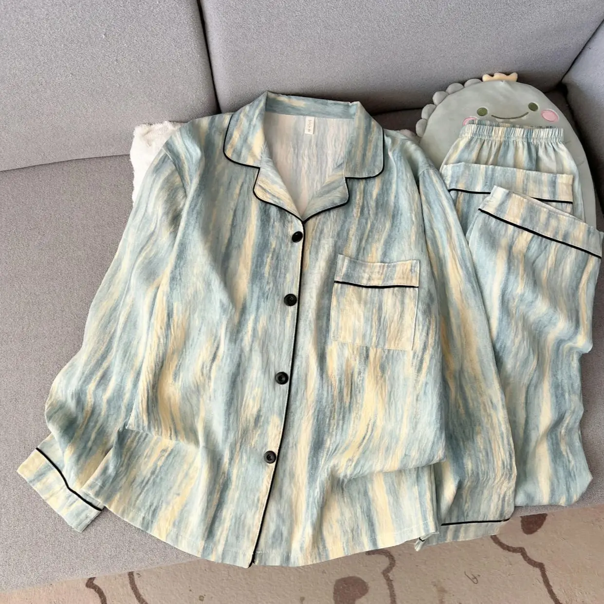Women 2 Piece Pajama Set Long Sleeve Full Length Pants Sleepwear Button Down Printed Lapel Piping Pyjamas Pijama Soft Loungewear
